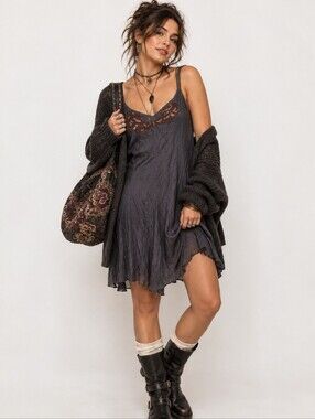 Two of Us Slip Dress M Charcoal Gray‎ Embellished Beaded Strappy Boho Y2K
